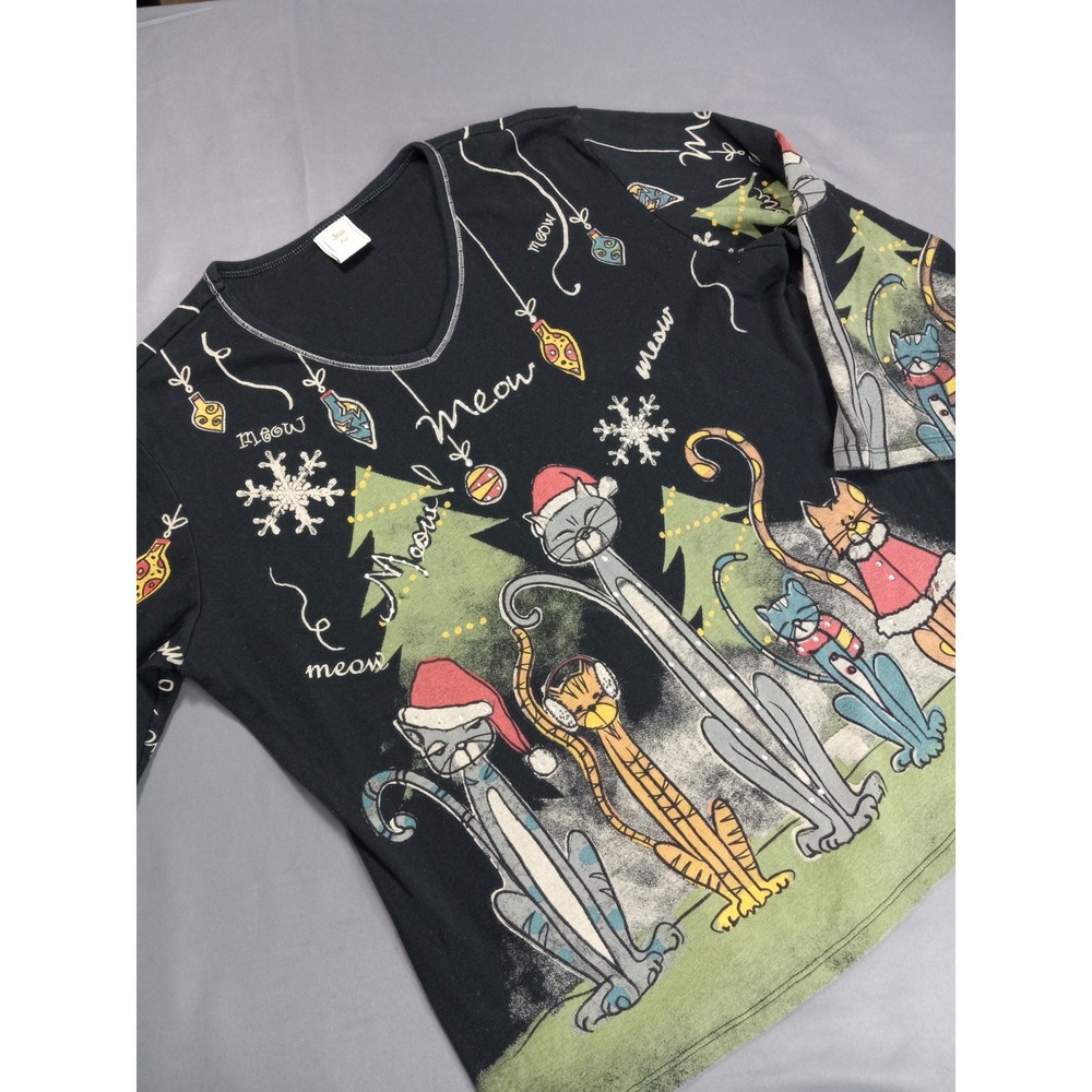 Jess & Jane Meow Christmas Cat 3/4 sleeve Top XL Black Rhinestone USA Made